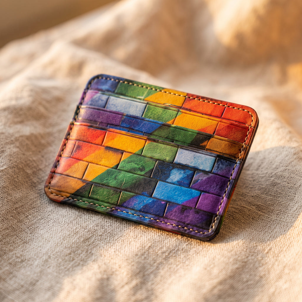 Rainbow Pride Brick Print Vegan Leather Card Holder - Slim Minimalist Wallet, LGBTQ Pride Gift