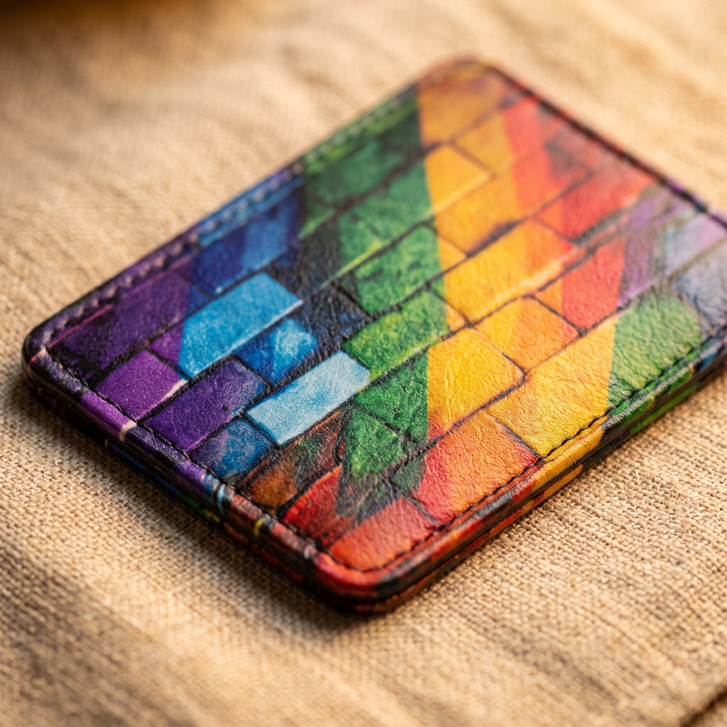 Rainbow Pride Brick Print Vegan Leather Card Holder - Slim Minimalist Wallet, LGBTQ Pride Gift