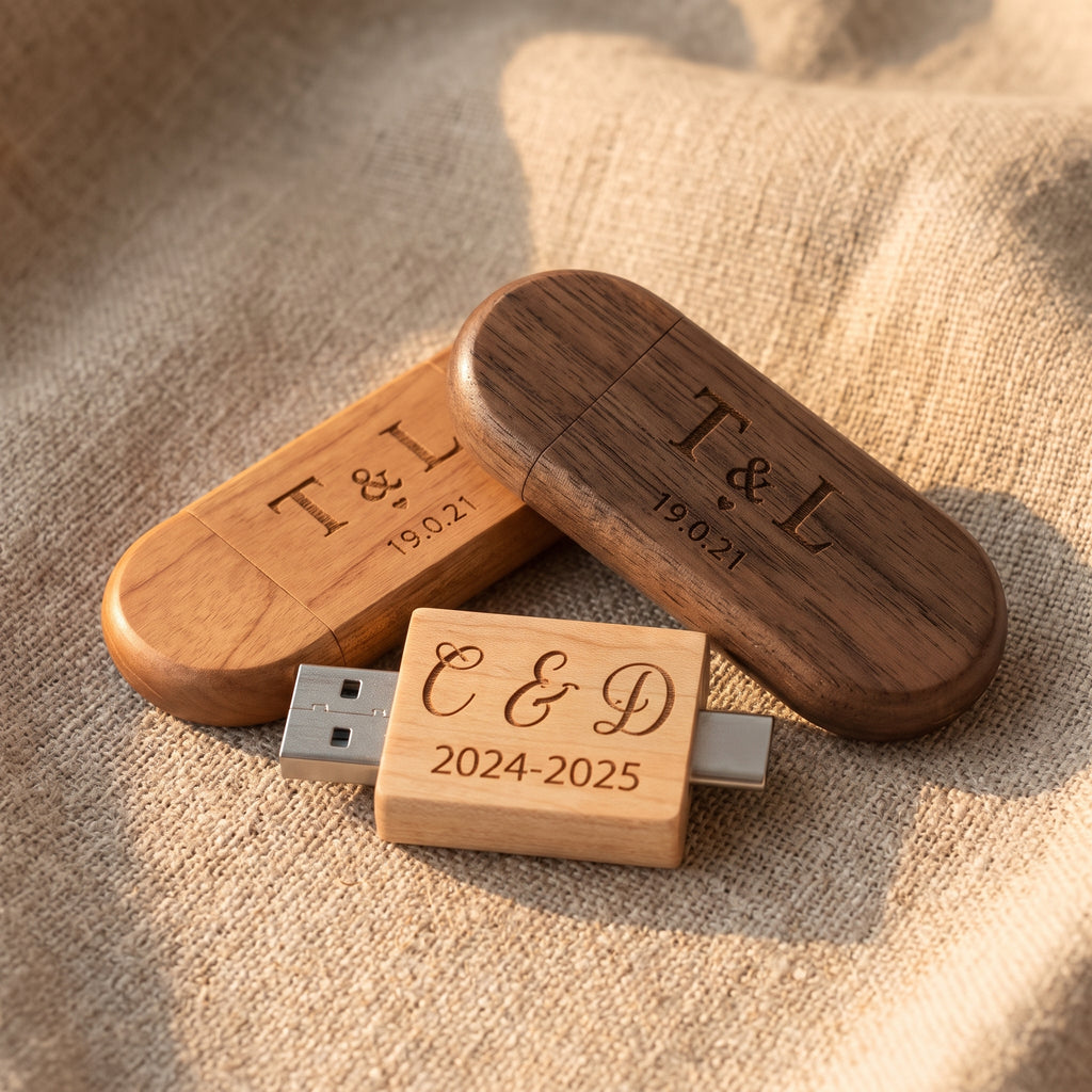 Personalised Wooden USB Drive with Engraved Gift Box | Custom Type-C Memory Stick
