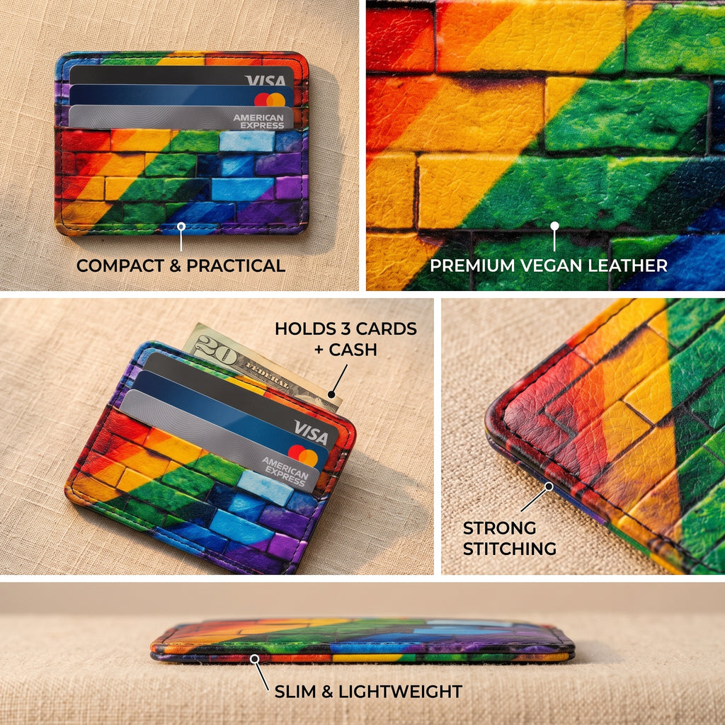 Rainbow Pride Brick Print Vegan Leather Card Holder - Slim Minimalist Wallet, LGBTQ Pride Gift