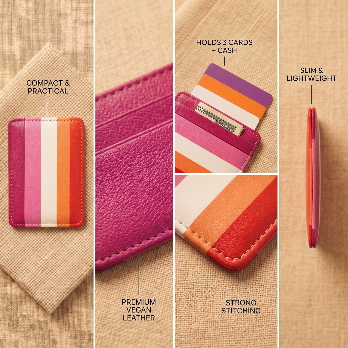 Lesbian Pride Flag Print Vegan Leather Card Holder - Slim Minimalist Wallet, LGBTQ Pride Gift