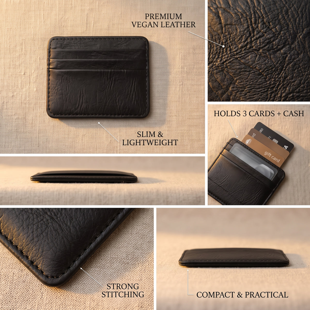 Minimalist Vegan Leather Card Sleeve Wallet - Slim Everyday Card Holder (Black & Brown)