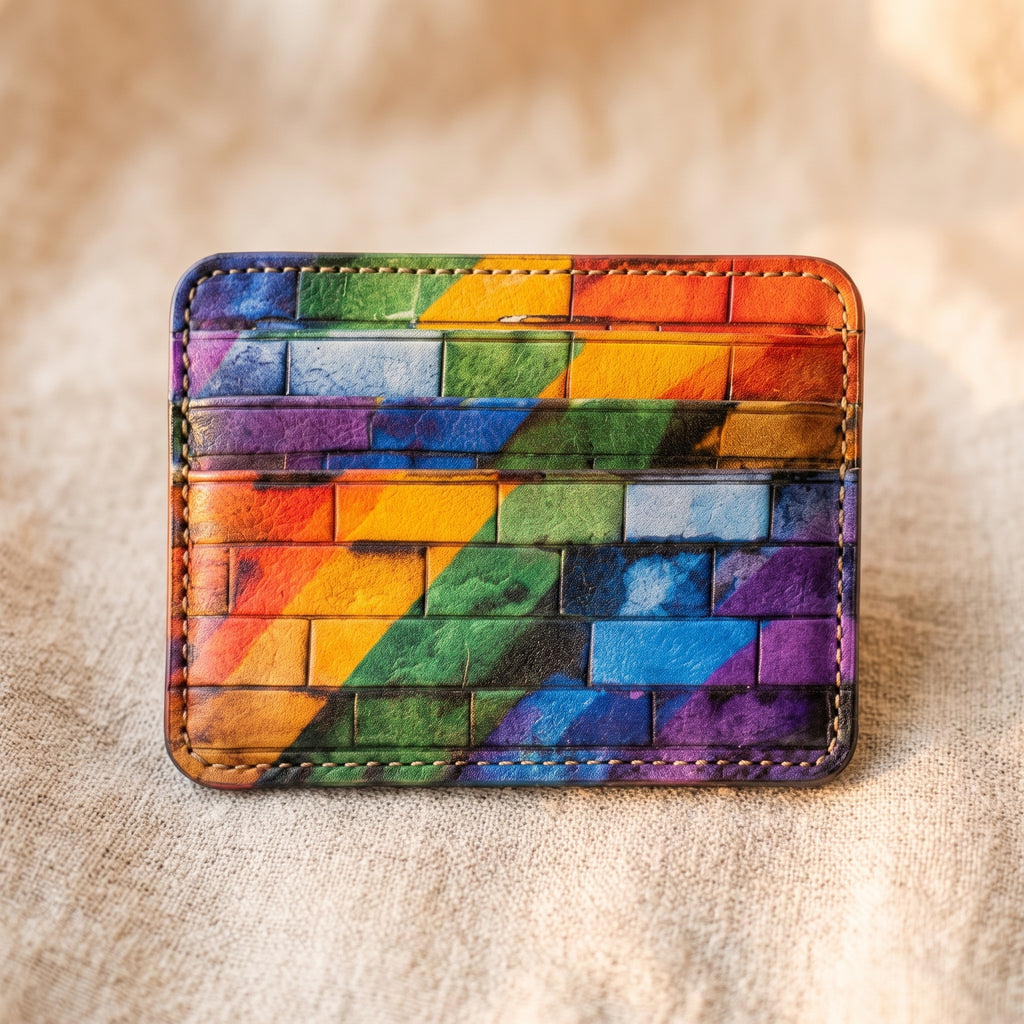 Rainbow Pride Brick Print Vegan Leather Card Holder - Slim Minimalist Wallet, LGBTQ Pride Gift