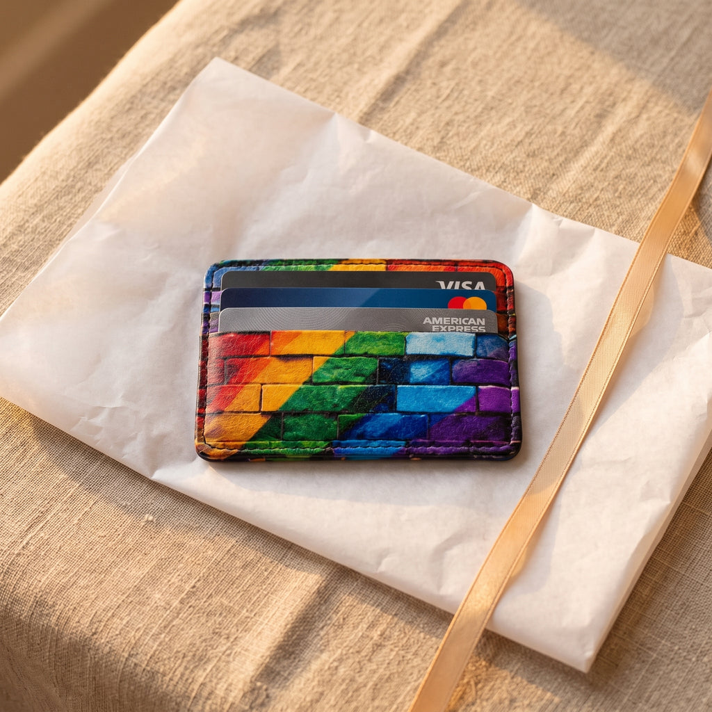 Rainbow Pride Brick Print Vegan Leather Card Holder - Slim Minimalist Wallet, LGBTQ Pride Gift