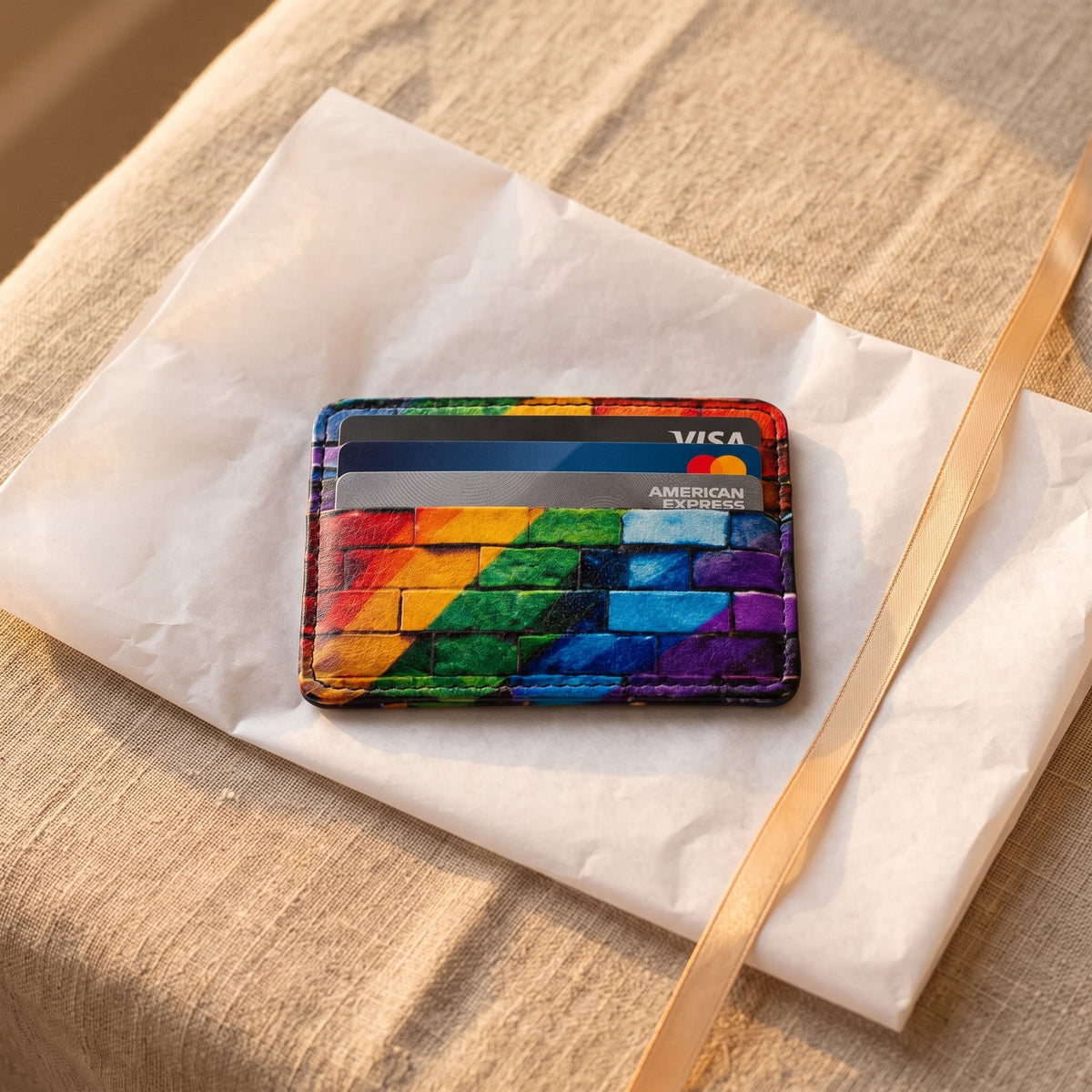 Rainbow Pride Brick Print Vegan Leather Card Holder - Slim Minimalist Wallet, LGBTQ Pride Gift