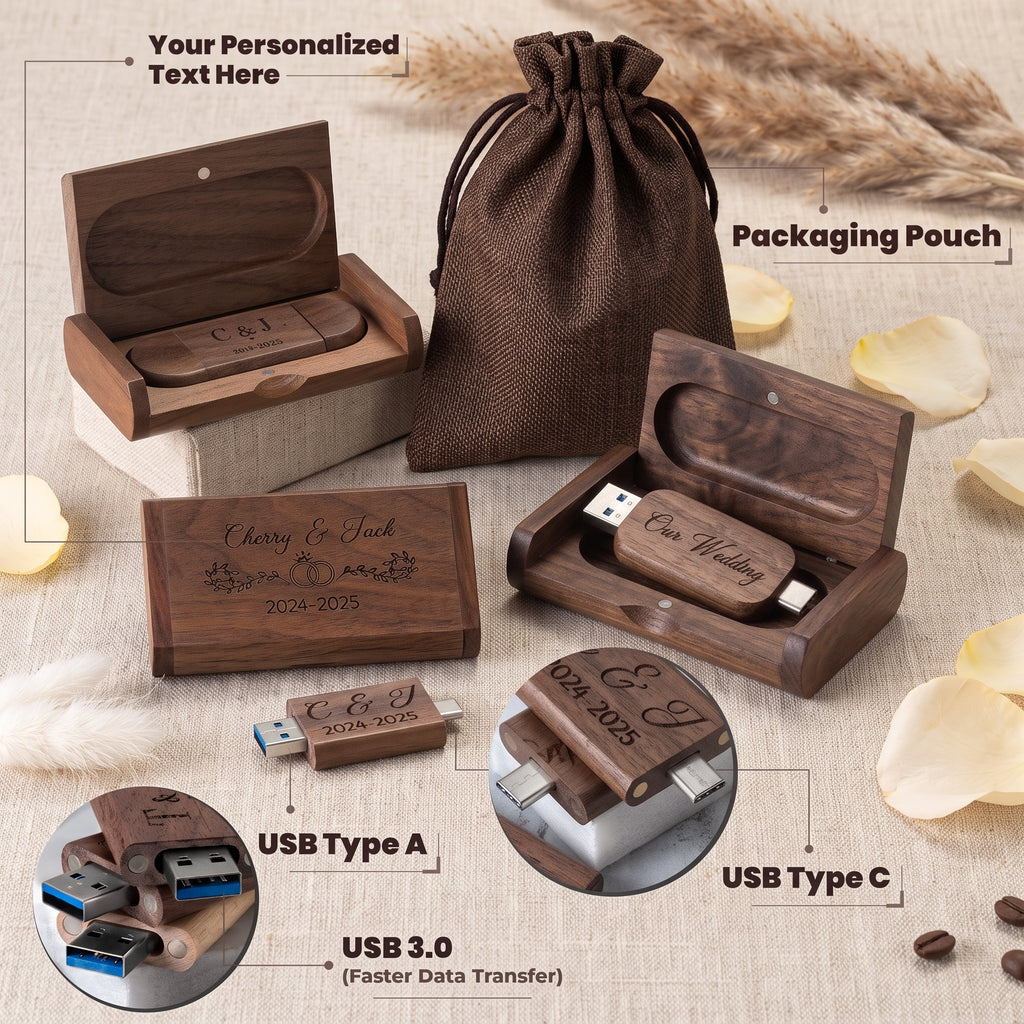 Personalised Wooden USB Drive with Engraved Gift Box | Custom Type-C Memory Stick