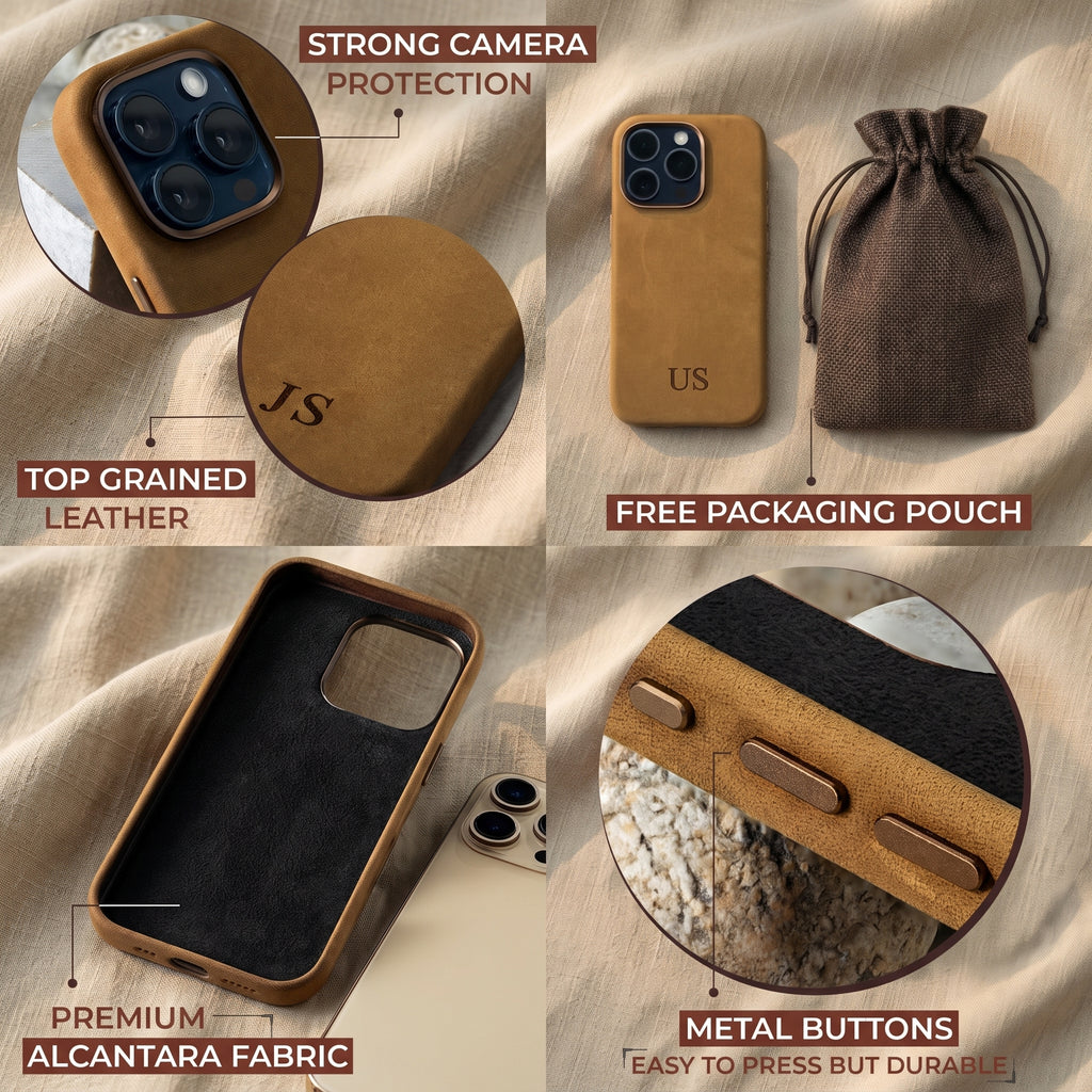 Personalized Crazy Horse Leather iPhone 16 Case: Engraved Shockproof Cover