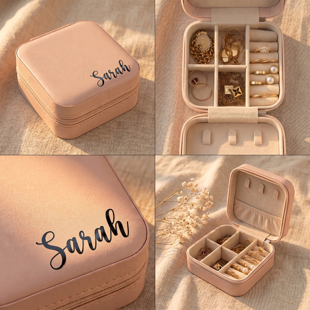 Customised leather Jewellery case in Square | Travel Jewelry box with Name | Bridal Party Favour