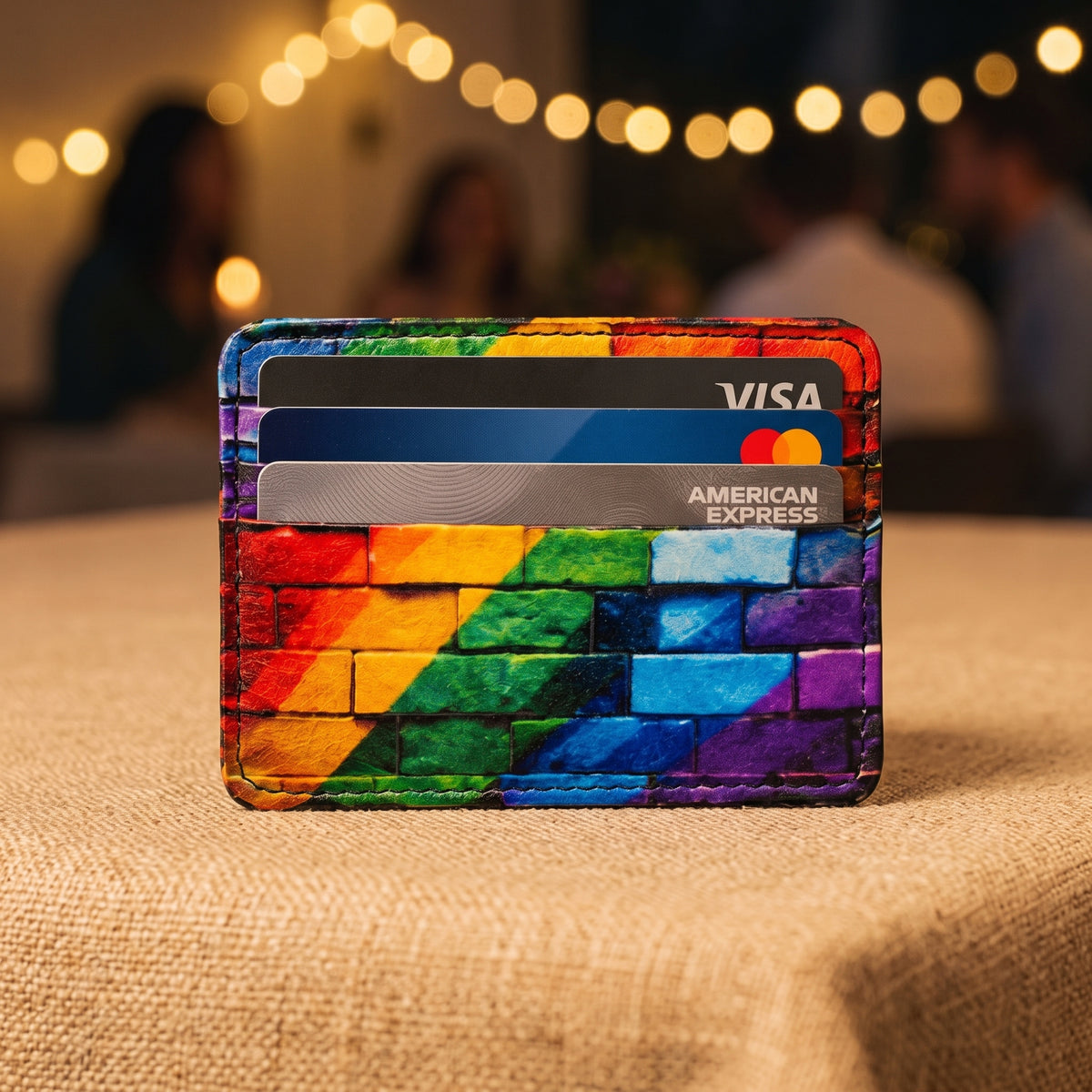 Rainbow Pride Brick Print Vegan Leather Card Holder - Slim Minimalist Wallet, LGBTQ Pride Gift
