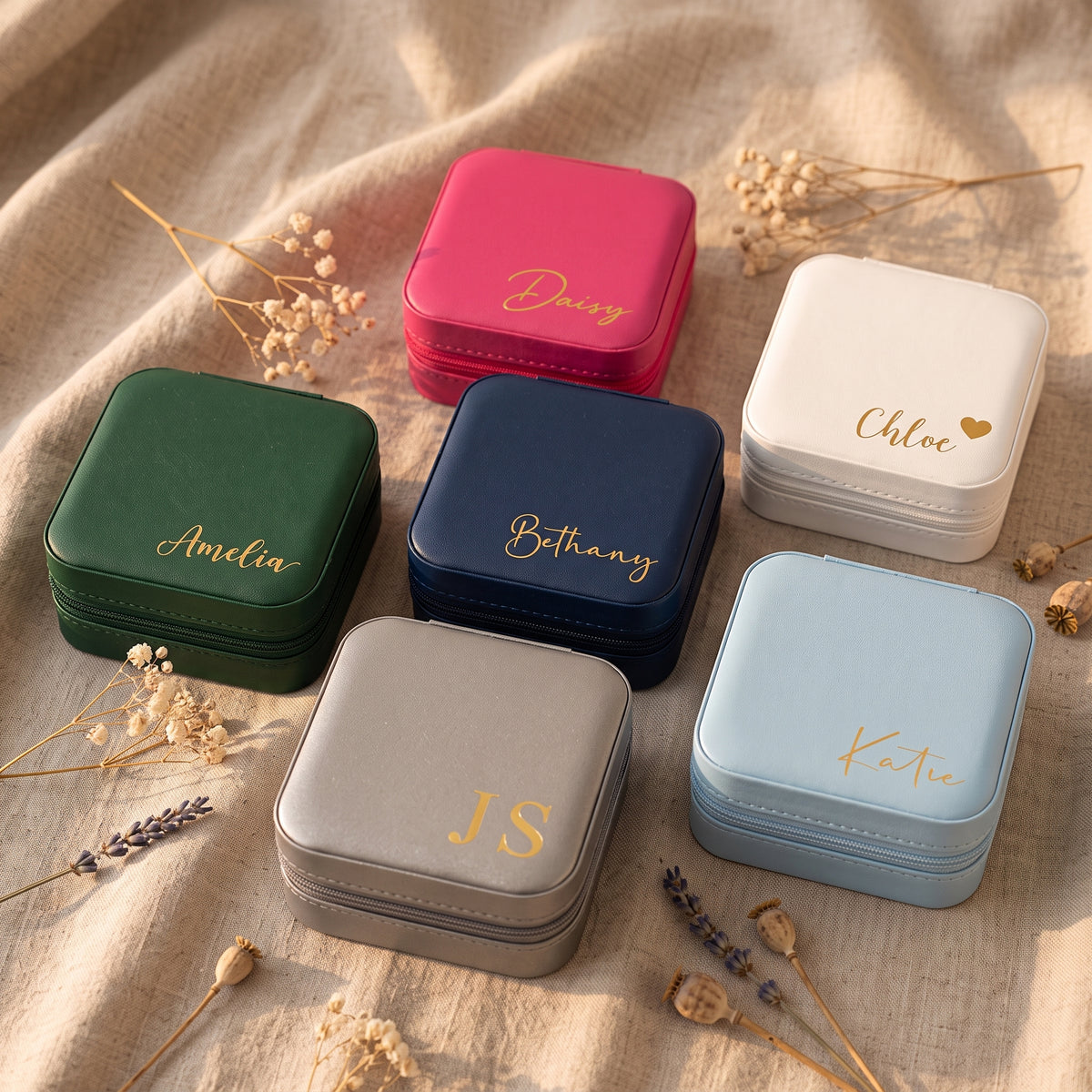 Customised leather Jewellery case in Square | Travel Jewelry box with Name | Bridal Party Favour