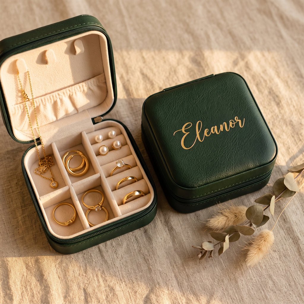 Customised leather Jewellery case in Square | Travel Jewelry box with Name | Bridal Party Favour
