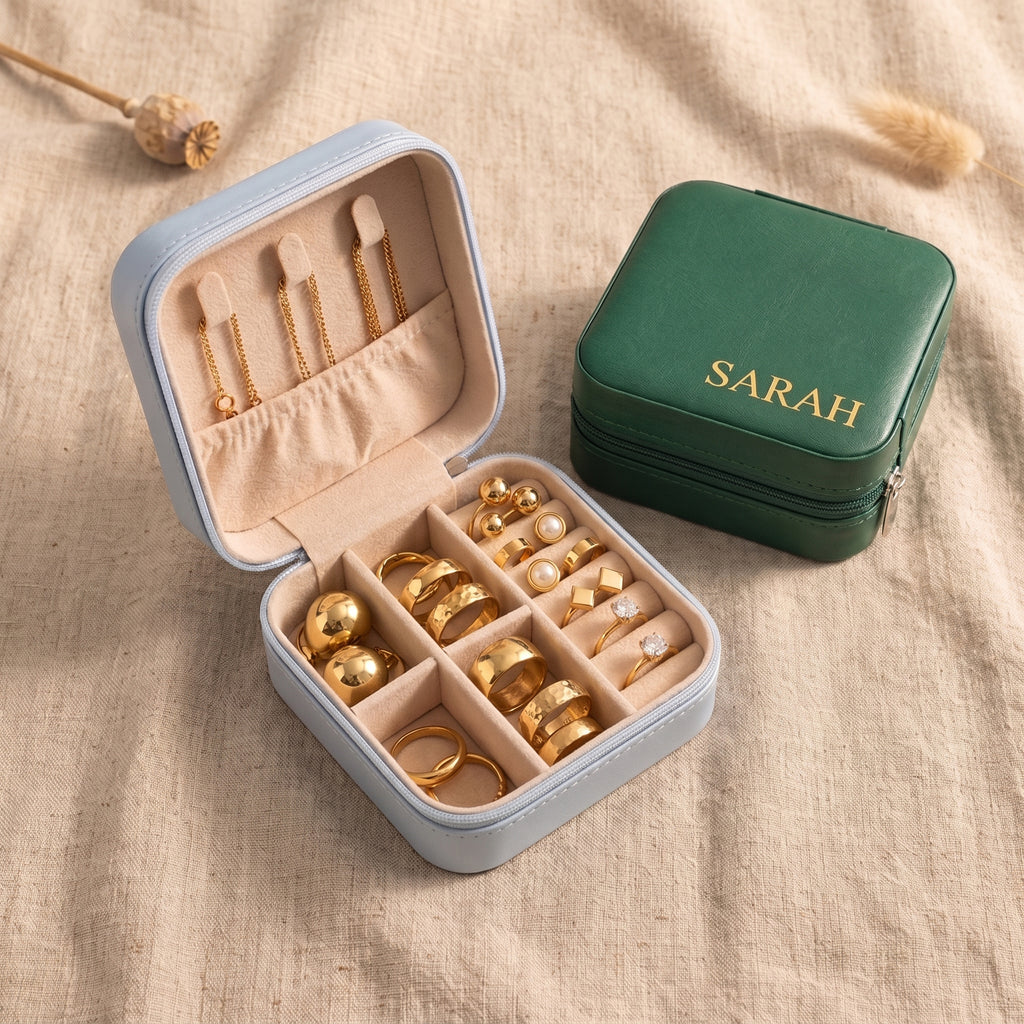 Customised leather Jewellery case in Square | Travel Jewelry box with Name | Bridal Party Favour