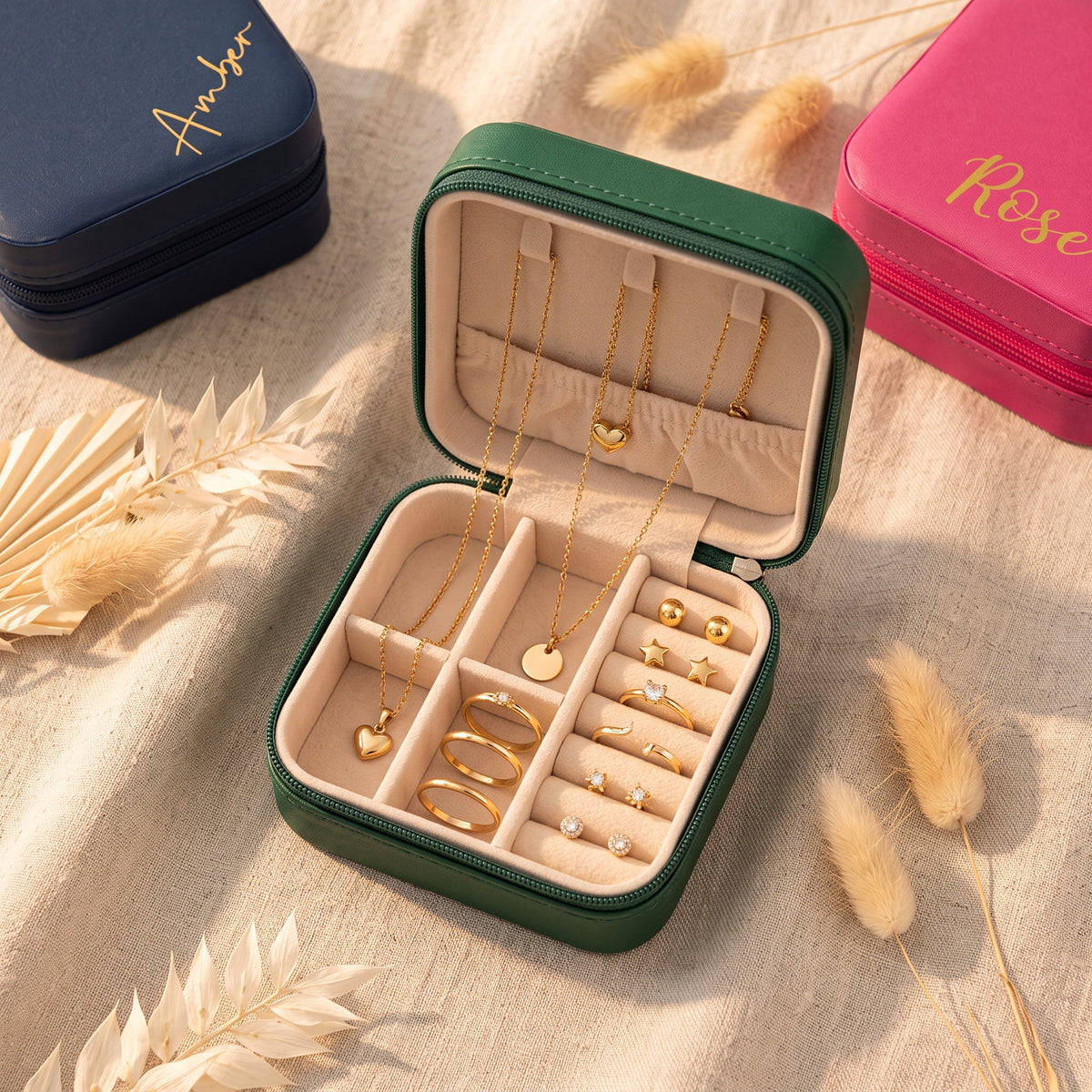 Customised leather Jewellery case in Square | Travel Jewelry box with Name | Bridal Party Favour