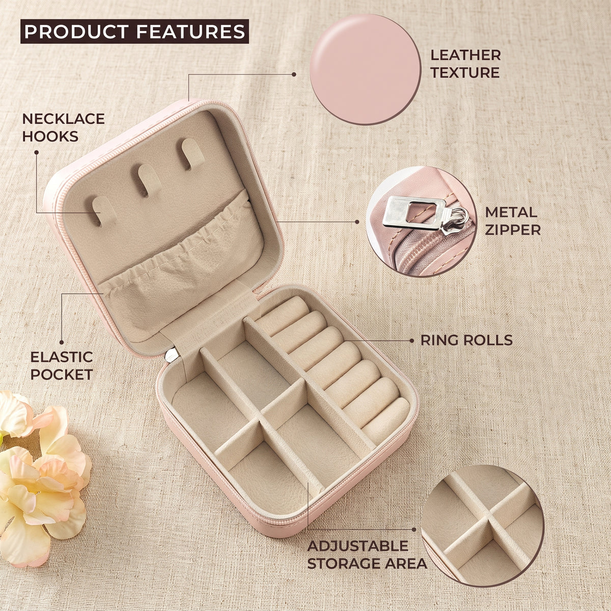 Customised leather Jewellery case in Square | Travel Jewelry box with Name | Bridal Party Favour
