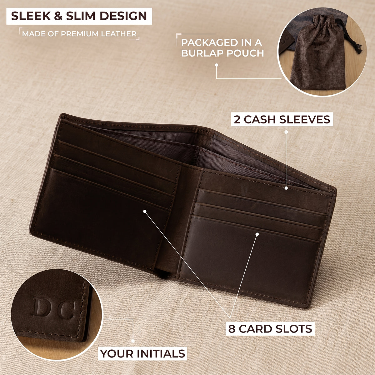 Personalised Leather Wallet| Custom Bifold Wallets with Initials | Engraved Gifts for Father's Day